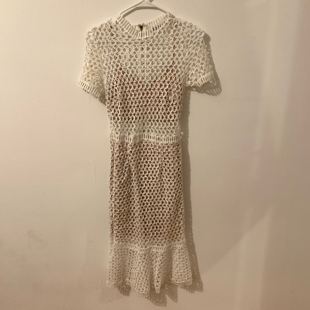White Knit Dress with nude bra and skirt lining